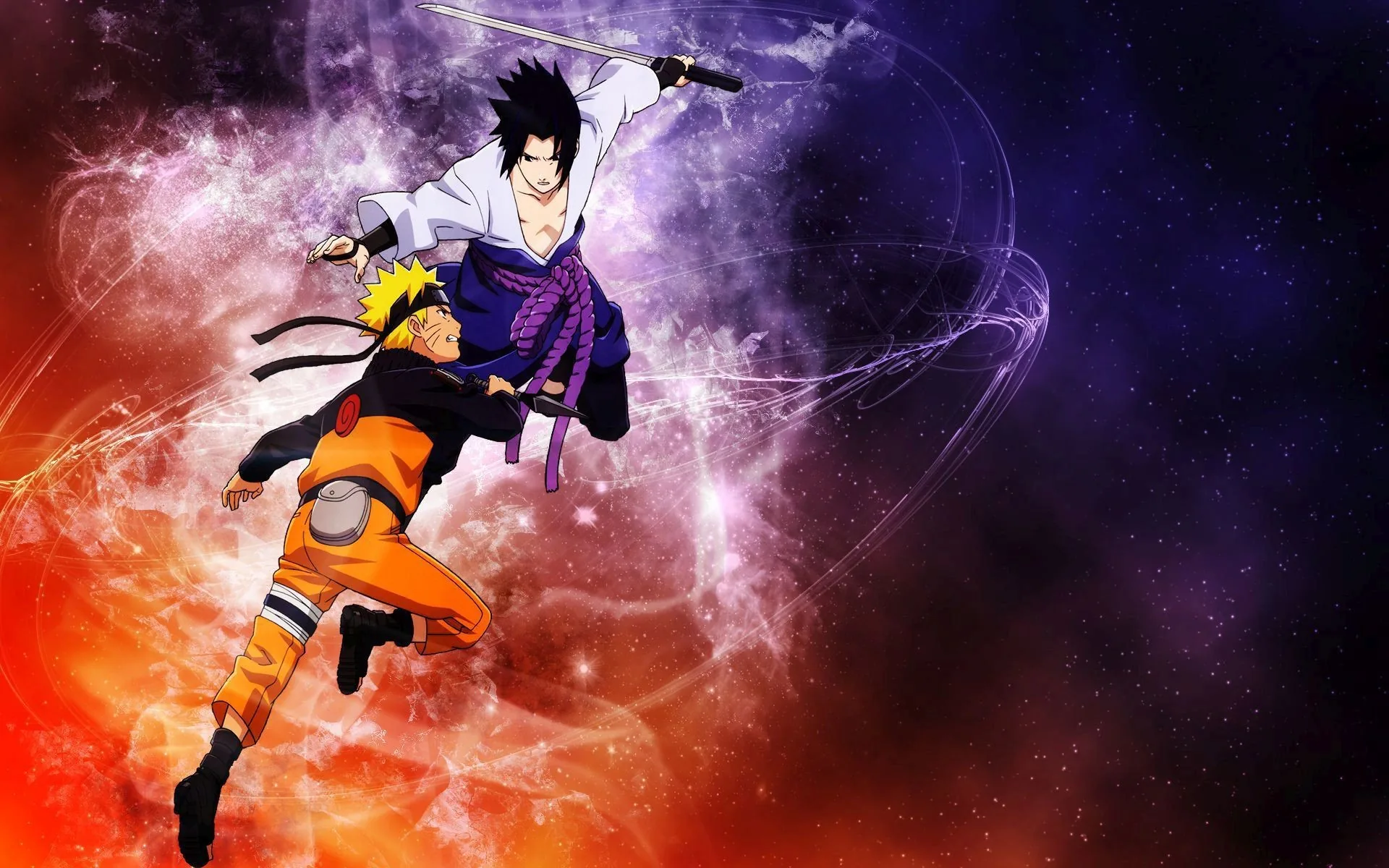 Naruto springs up toward a sword-drawn Sasuke, caught between a violet nebula swirl on the left and rolling orange fire under their feet.