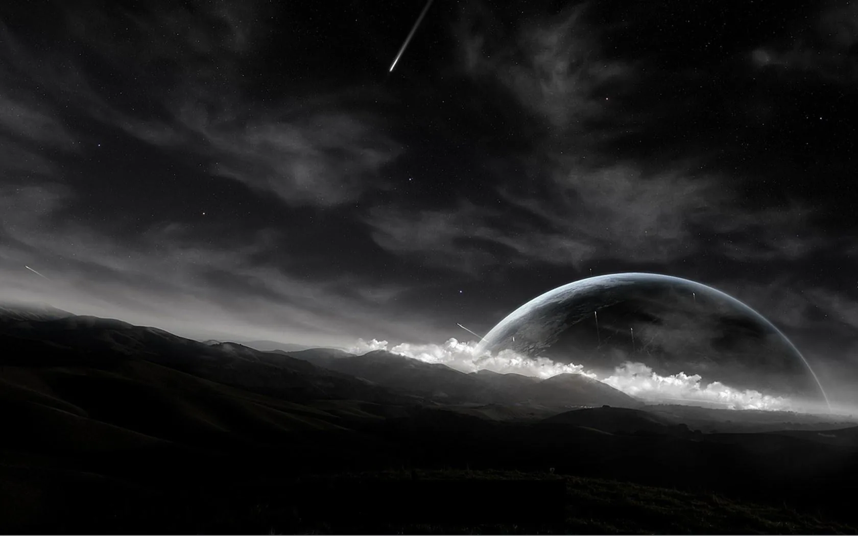 A huge planet breaks the horizon behind wind-torn clouds while a shooting star streaks the upper sky, all in silver greyscale.