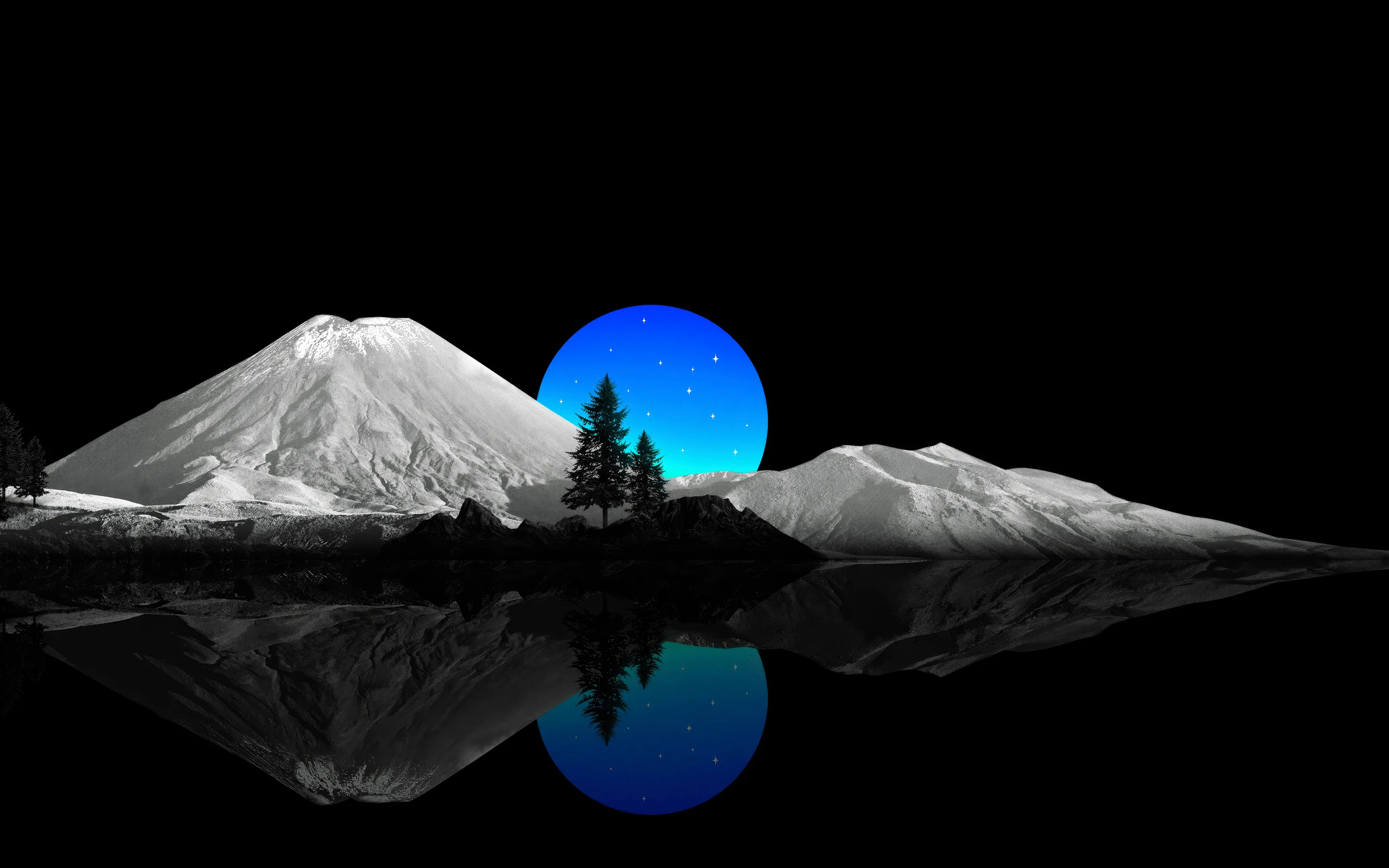 A glowing blue disc sits between two monochrome peaks and mirrors itself in the water below.