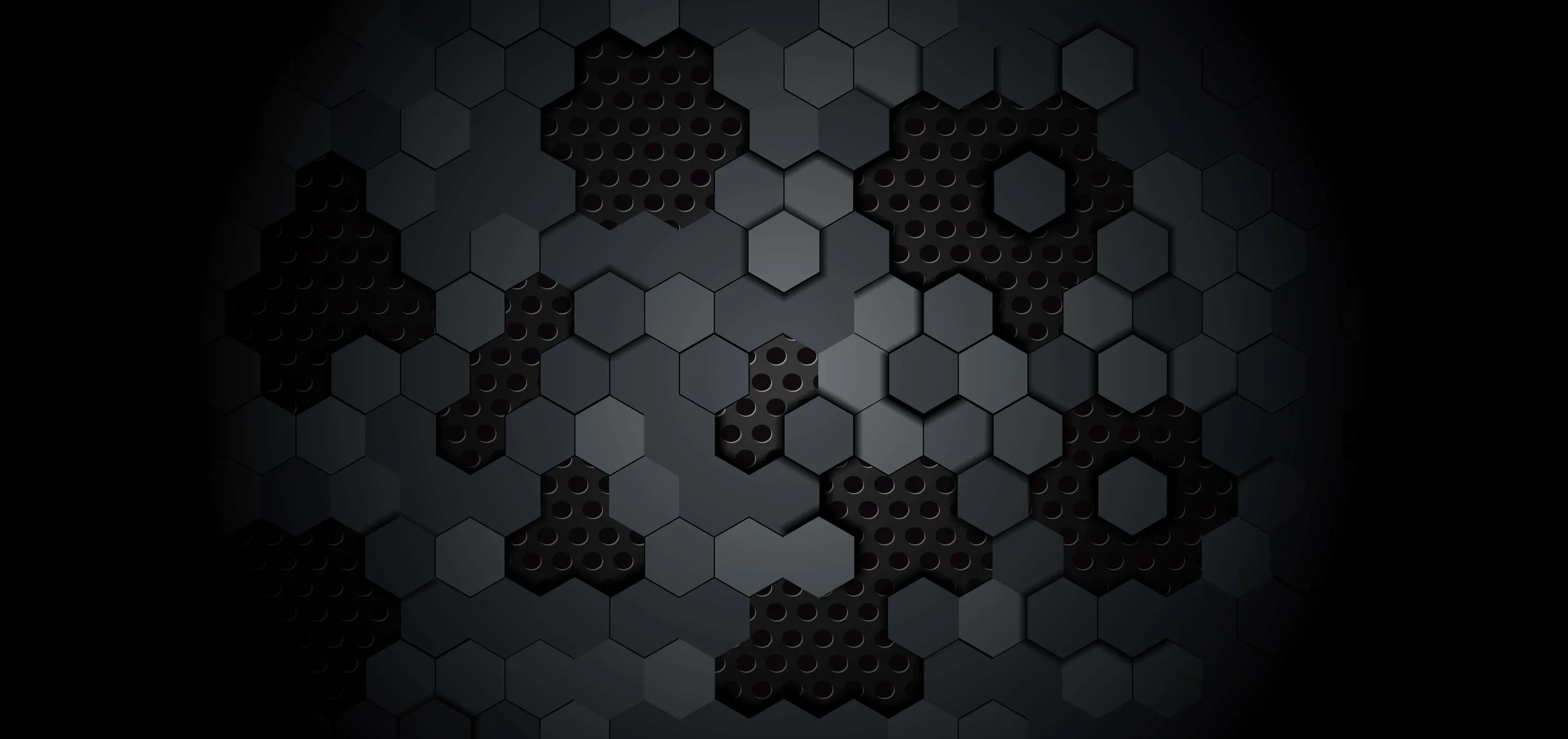 Hexagon tiles, some plain and some filled with a fine dot mesh, cluster loosely across the middle of the frame and fade into the black border.