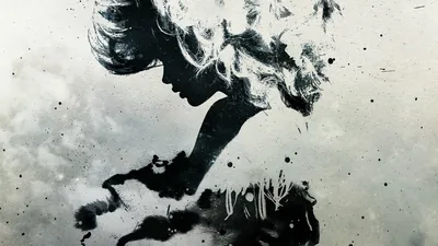 A profile forms out of splattered black ink, the hair breaking into drips and spray across a mottled grey wash.