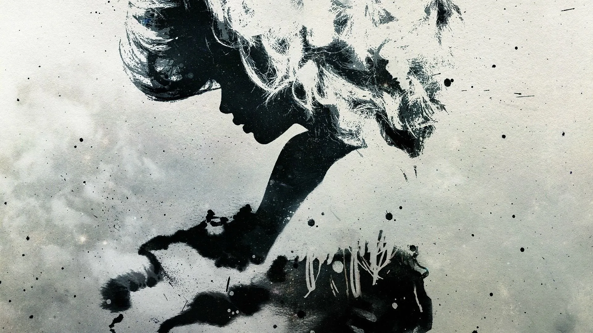 A profile forms out of splattered black ink, the hair breaking into drips and spray across a mottled grey wash.