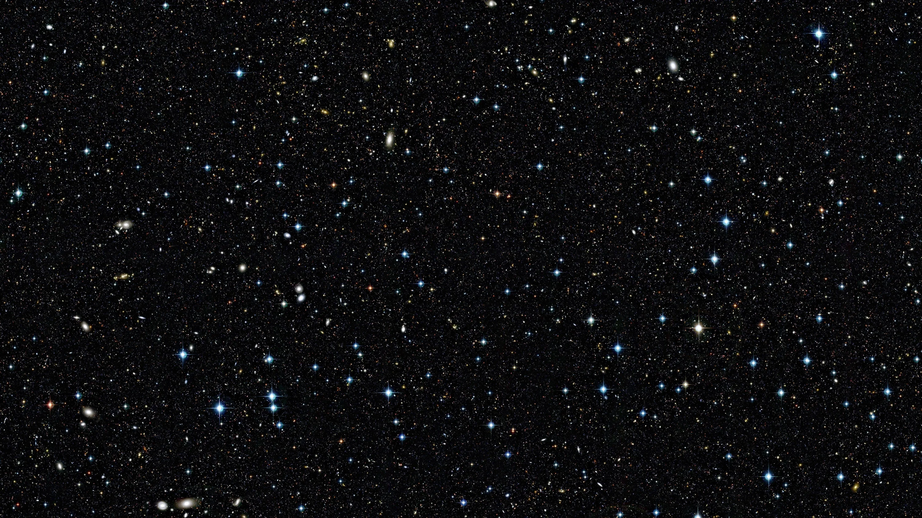 A packed sky of stars fills the frame, a few burning blue and gold among thousands of smaller white points.