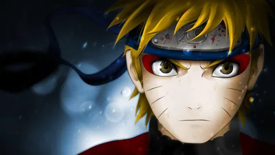 Naruto's face fills the left of the frame with amber sage eyes, the blurred blue bokeh on the right leaving clean space for desktop icons.