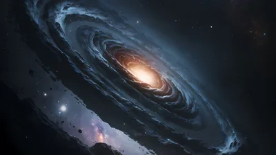 A spiral galaxy leans across the frame with a molten orange centre, pale blue arms sweeping outward into lanes of dark dust.