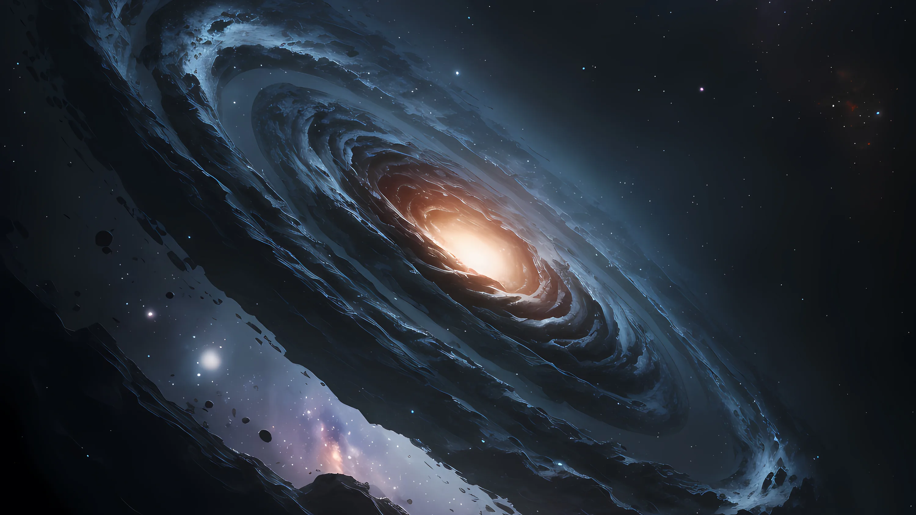 A spiral galaxy leans across the frame with a molten orange centre, pale blue arms sweeping outward into lanes of dark dust.