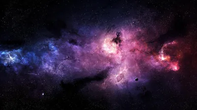 Black dust clouds stand in silhouette against a violet and pink nebula, the far left and right edges falling back into starless dark.