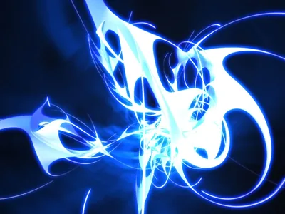 Loops of white-hot light twist into an abstract knot at the centre, its blue haze spilling outward while the corners keep their navy darkness.