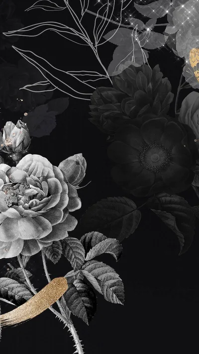 Roses and foliage painted in soft grey on a black ground, with thin gold strokes brushed along the bottom.