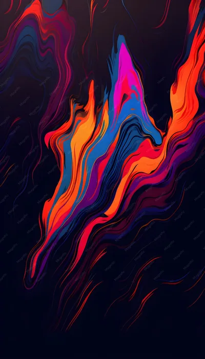 Poured bands of orange, pink and blue rise into jagged peaks across a deep navy background, faint rain lines textured behind them.
