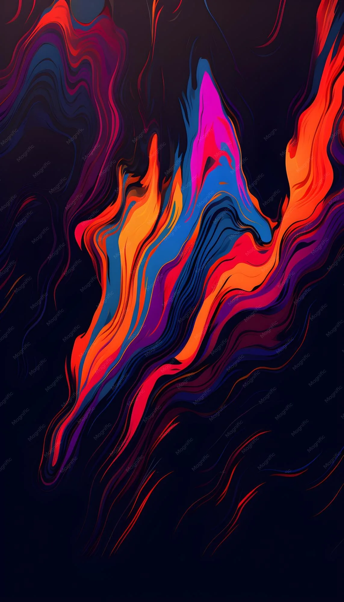 Poured bands of orange, pink and blue rise into jagged peaks across a deep navy background, faint rain lines textured behind them.