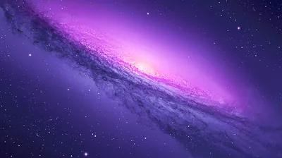 A spiral galaxy leans through violet light, its pink core burning near the top of the disc; the smooth purple space below leaves room for icons and a dock.