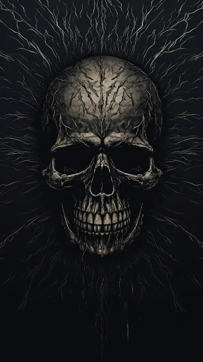 Fine cracks spread outward from a bone-coloured skull like roots, filling a tall phone frame that fades to black at the corners.