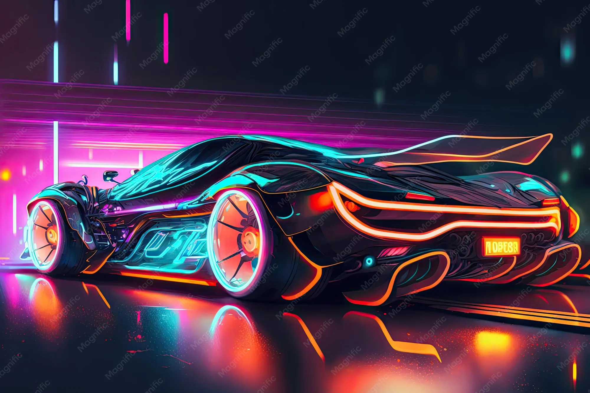A rendered hypercar seen from the rear corner, orange and cyan light lines tracing its wheels and bodywork against a purple grid backdrop.
