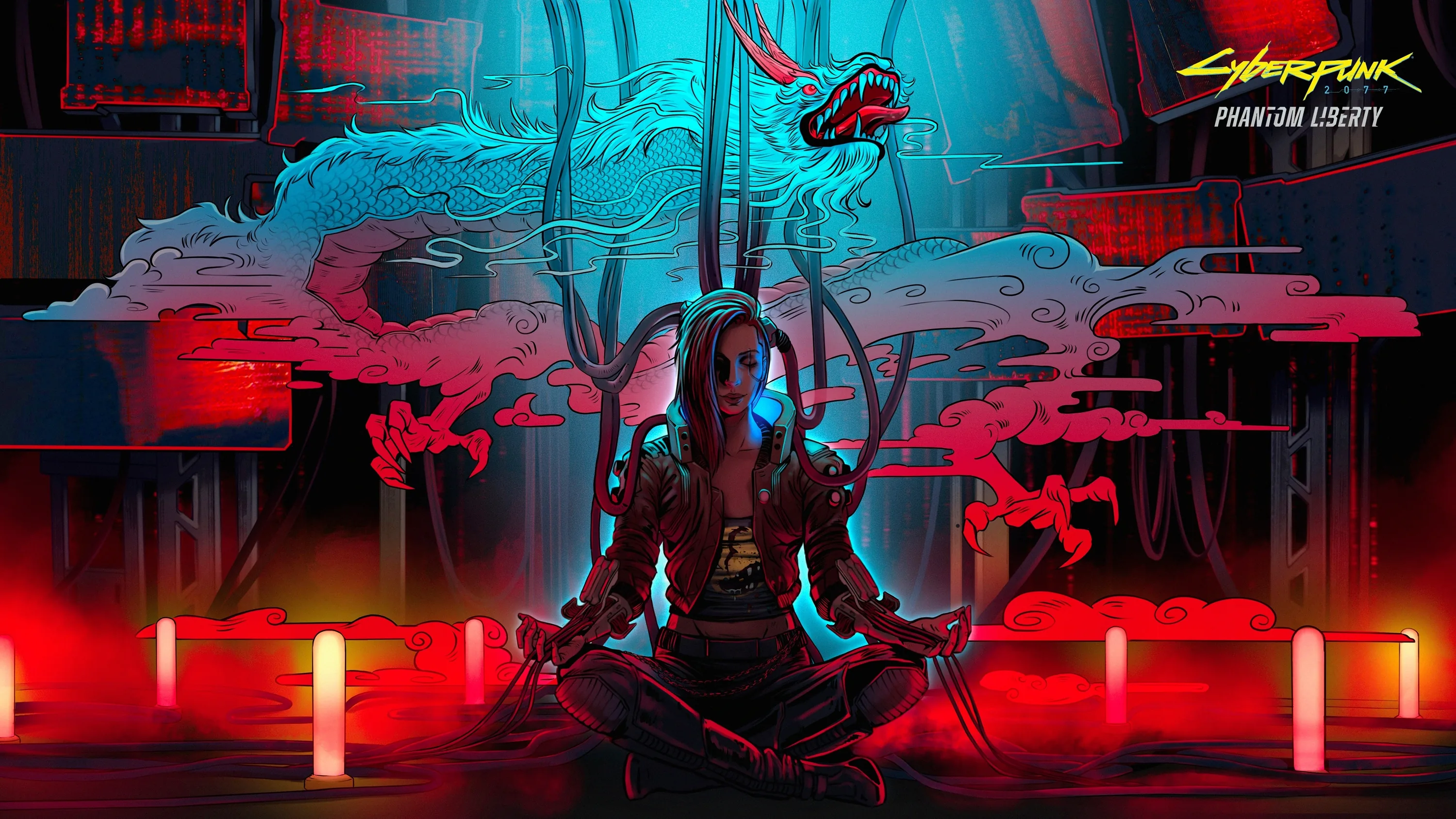 A cyborg sits cross-legged among red candles while a serpent hologram coils overhead, teal light from behind splitting the red haze.