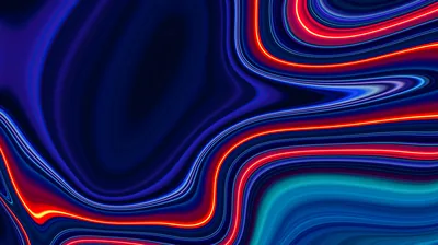 Navy currents fold around two dark whirlpools while thin lines of neon red and cyan trace the flow, brightest along the right half of the frame.