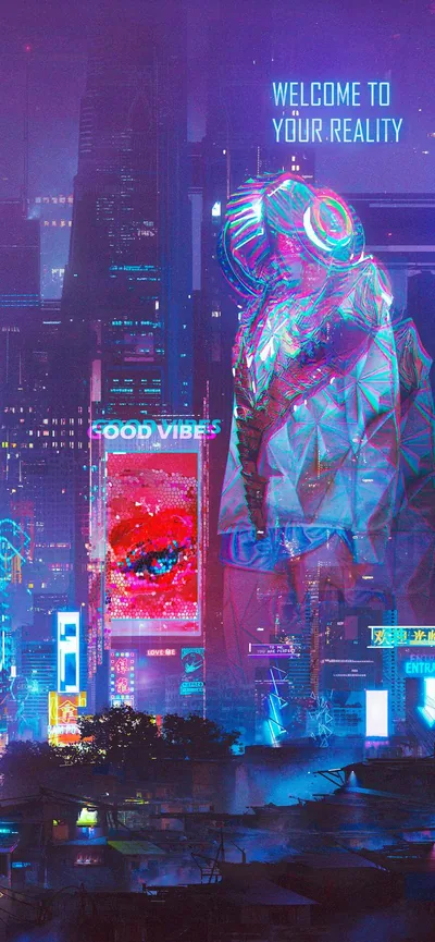 A helmeted figure in pink and blue towers over the skyline beside the words Welcome to Your Reality, the dark foreground rooftops good for a phone dock.