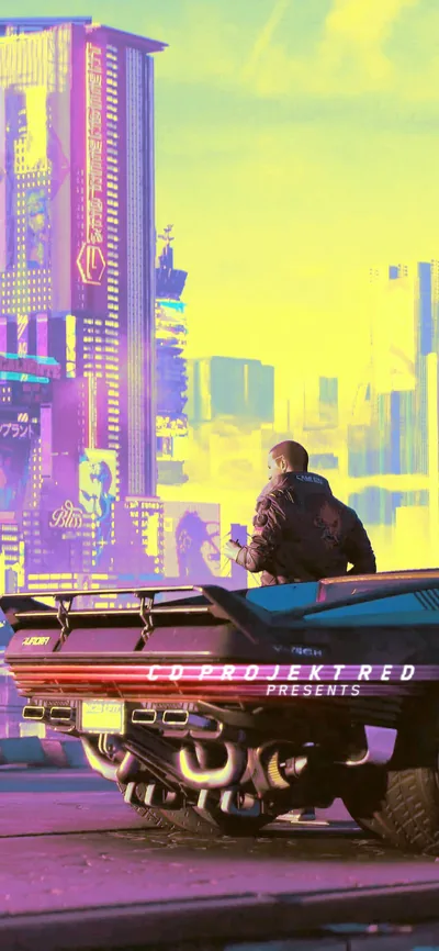 Sitting on his car's trunk a merc gazes at magenta towers under a flat acid-yellow sky, the top quarter clean enough for a lock-screen clock.