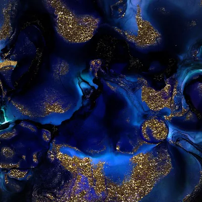 Pools of deep royal ink separated by thick clusters of gold glitter, with one small spark of turquoise glowing at the left edge.