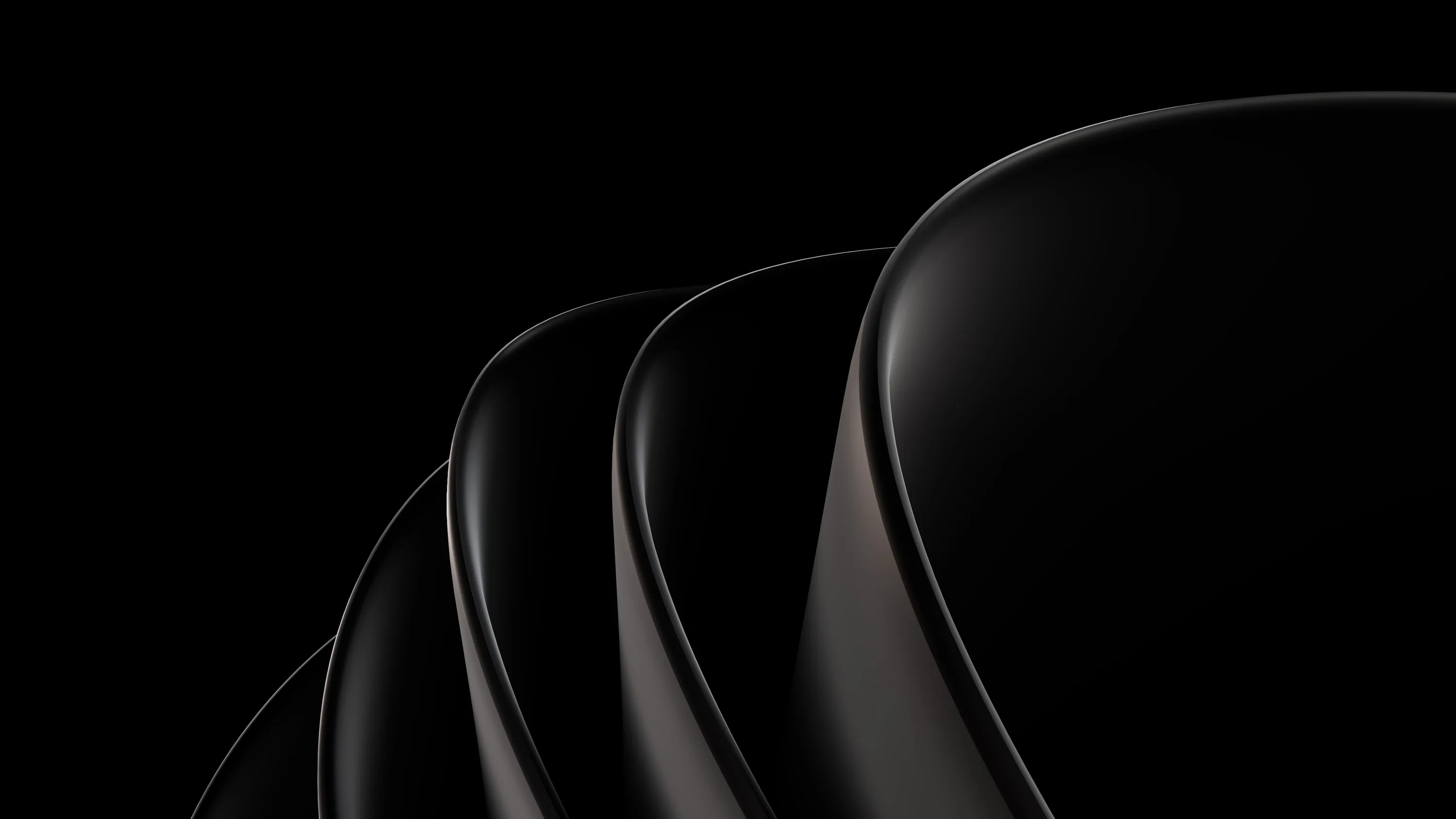 Curved black shells nest one inside the other, a thin red-brown glow tracing where each one meets the next.