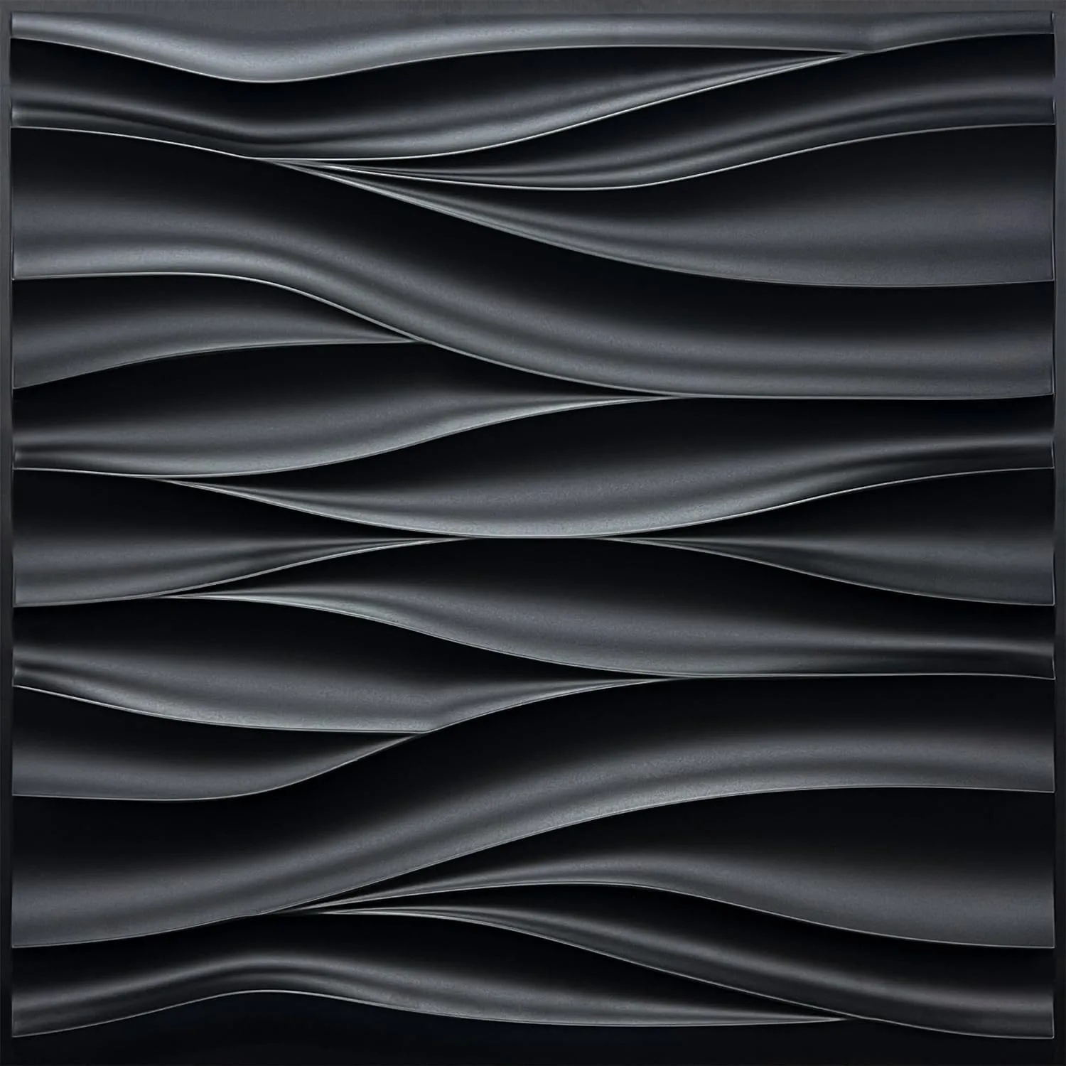 Moulded PVC panels ripple across the frame in soft horizontal waves, each crest catching a thin grey highlight against the matte black.