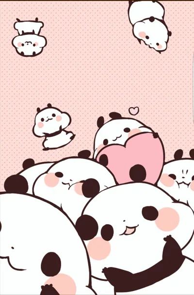 Round panda faces crowd the bottom half while a few tumble across the dotted pink above, where the sparser upper third suits a dark clock.