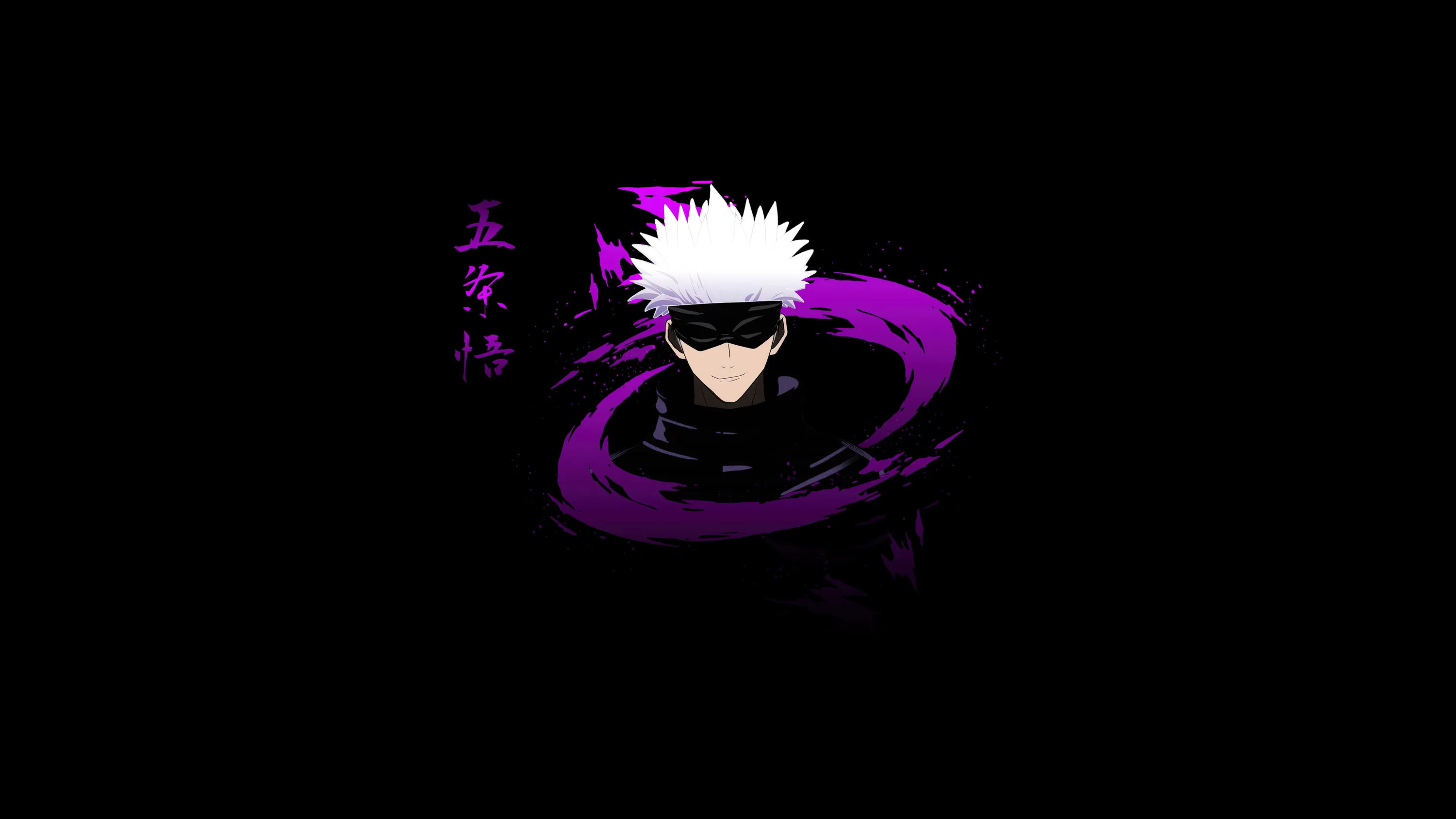 A white-haired figure stands inside a coil of violet energy, the rest of the frame kept in solid black.