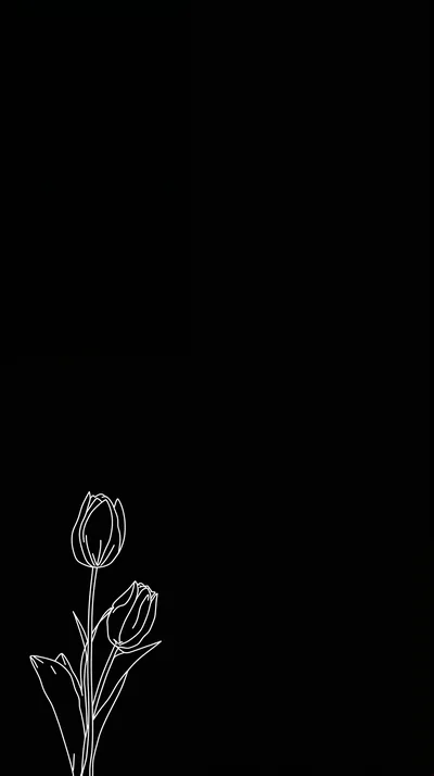 Two tulips outlined in thin white ink sit low in the left corner, the rest of the frame left empty.