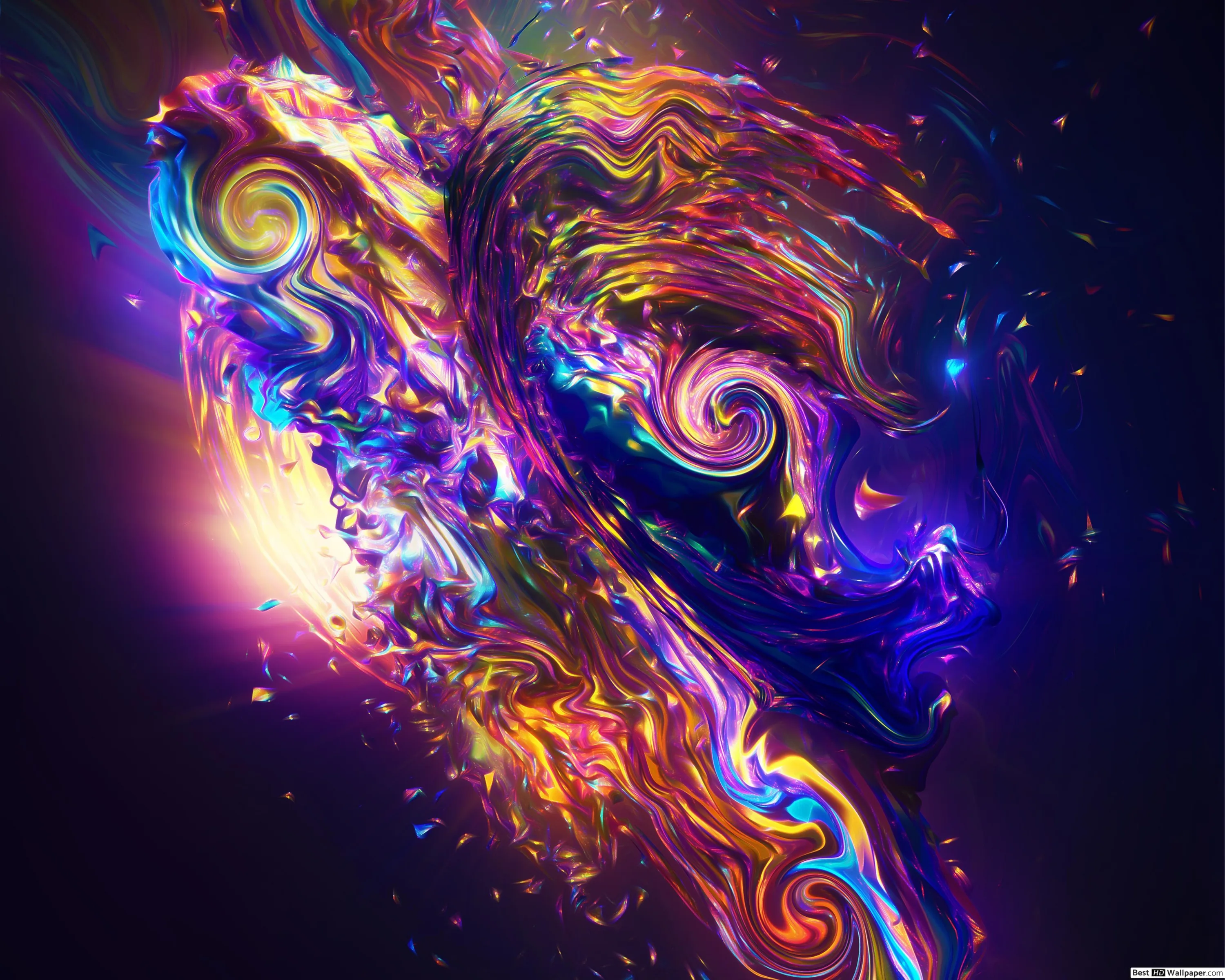A ribbon of glowing paint swirls twists diagonally across deep purple, throwing off sparks and droplets, with a white burst of light low on the left.