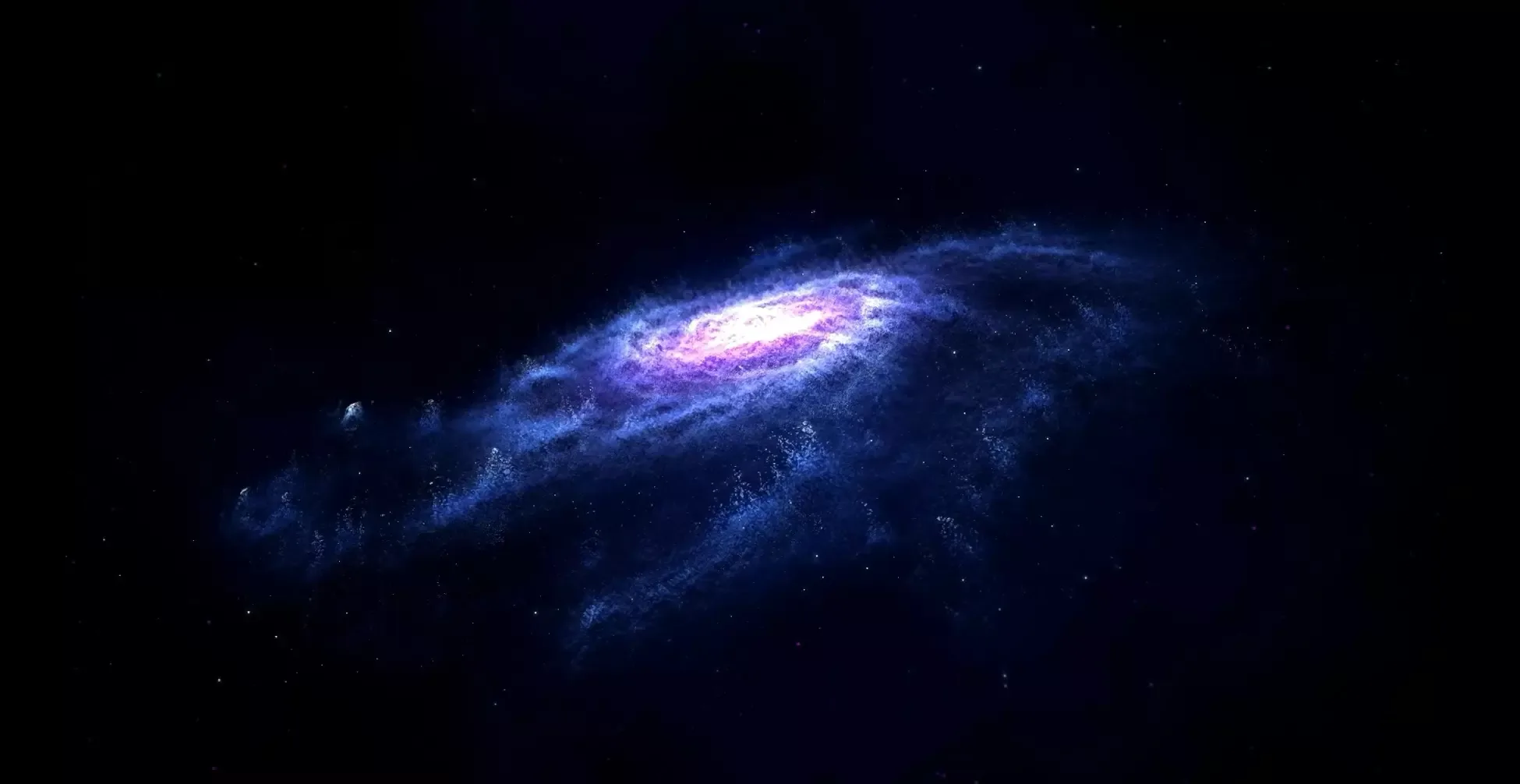 One small spiral galaxy glows blue-white at the centre of an ultrawide black frame, its arms trailing off before they reach the edges.
