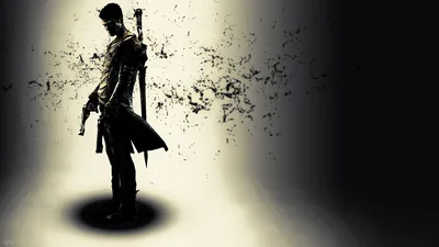 A coated figure with a long sword stands in a pool of light while the black background flakes apart into drifting debris.