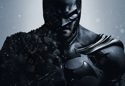 A tight crop on the cowl and armoured chest, snow settling on the shoulders while the bat emblem catches a cold grey light.