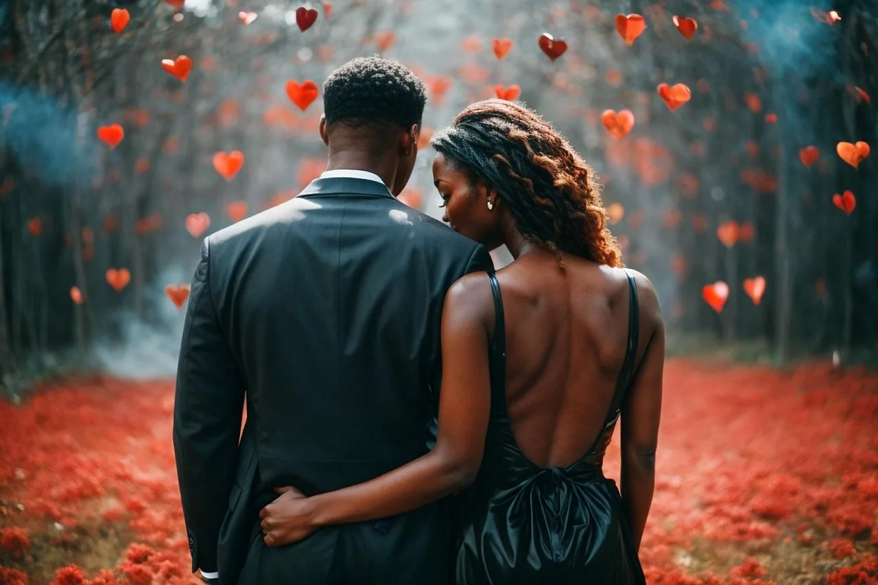 Seen from behind, a couple in a suit and a black gown walk through a misty wood while red heart balloons hang between the trees and petals cover the ground.
