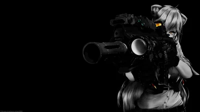 Shot from behind at a low angle, she braces a long barrelled rifle across her shoulder, one orange eye glowing in an otherwise pure black frame.