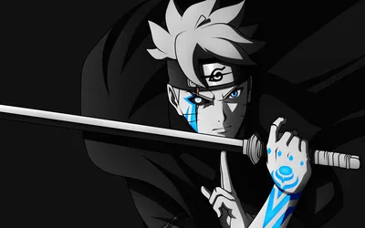 A young ninja unsheathes a blade in monochrome, the blue tear mark under his eye and the glow on his glove left as the sole colour.
