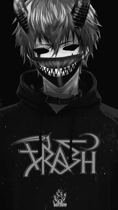 A hooded boy with pale hair, ram horns and a fanged mouth cover, with rough graffiti lettering laid across his chest in white.