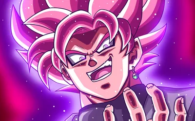 Drawn in thick comic outlines, the rose-haired face yells past the viewer with knuckles pushed into the bottom right, purple starfield filling what little space remains.
