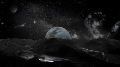 A pale moon rises behind dark hills while a moonlit river snakes through the valley below, all rendered in silvery monochrome.