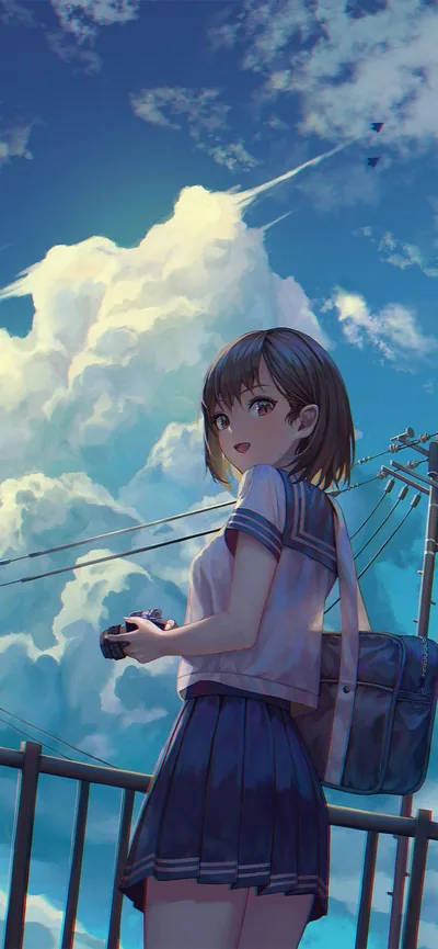 A short-haired schoolgirl glances back with a camera in hand, towering summer clouds and power lines rising behind the railing where she stands.
