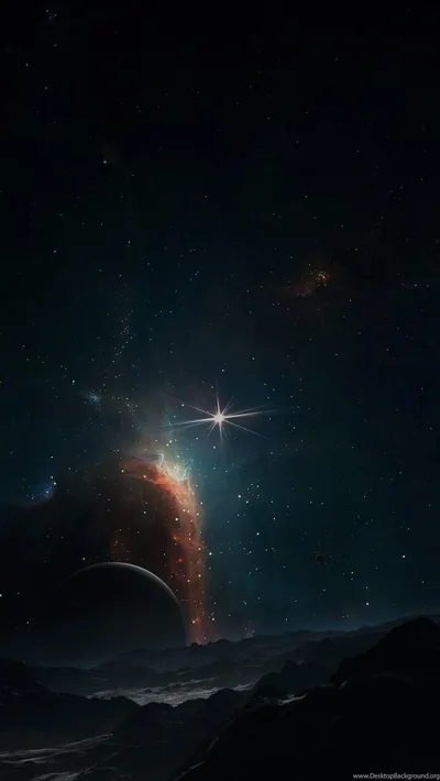 A four-pointed star flares above a rust-coloured dust column, a ringed planet low on the left and a dark ridge along the bottom.