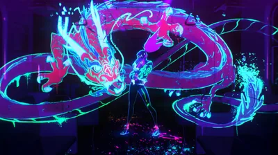 A dragon drawn in electric blue and pink light spirals around a dancing figure on a dark stage, the glow splashing outward like paint at the edges.
