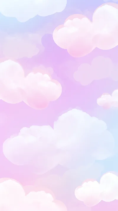 Loose painted clouds float up a lilac and blue gradient; the whole frame is so light that a white clock fades, dark text reads far better.