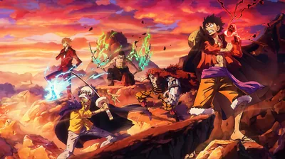 The whole pirate crew braced on broken rock, swords and flames drawn, orange sky and falling leaves stretching to the horizon.