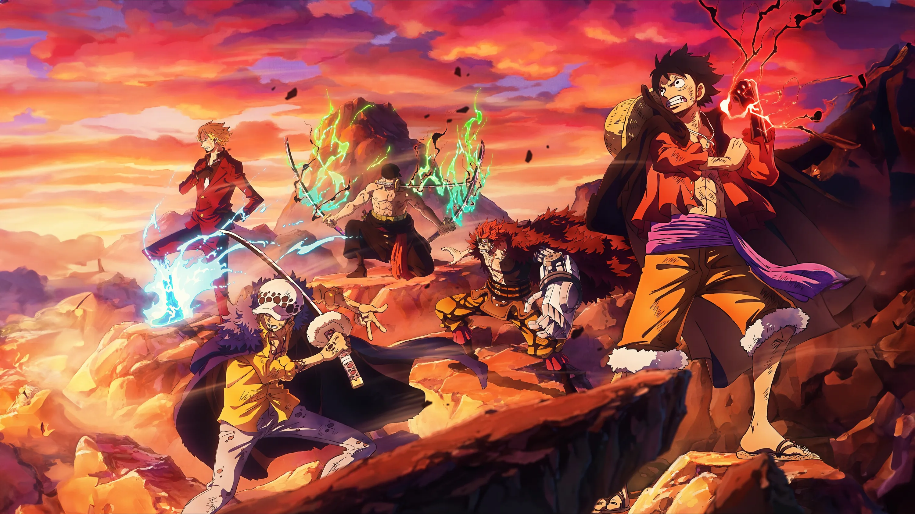 The whole pirate crew braced on broken rock, swords and flames drawn, orange sky and falling leaves stretching to the horizon.