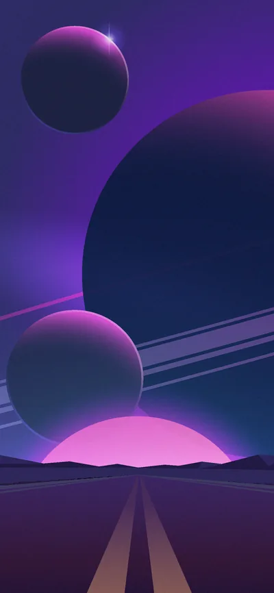 Flat vector scene of purple planets stacked above a highway running toward a pink glow on the horizon, with clean sky left open for icons.
