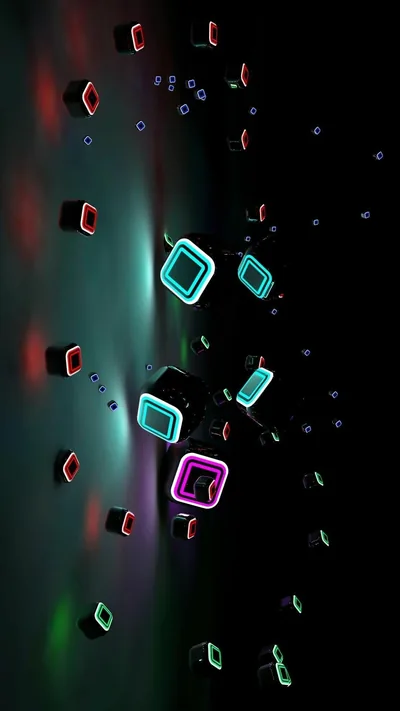 Outlined cubes in cyan, magenta and green drift at different depths, the sharpest ones near the middle of a tall black frame.