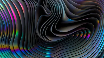 Ribbed metallic folds swirl toward a dark knot at the centre, oil-slick rainbows flashing along the ridges near the left and lower edges.