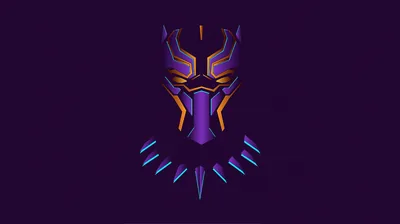 The panther mask emblem built from flat purple and gold facets, its necklace teeth glowing blue against a deep plum ground.