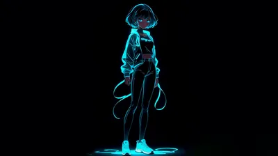 The same slim figure sketched in turquoise light, ribbons trailing from her hands, framed wide with black space on both sides.