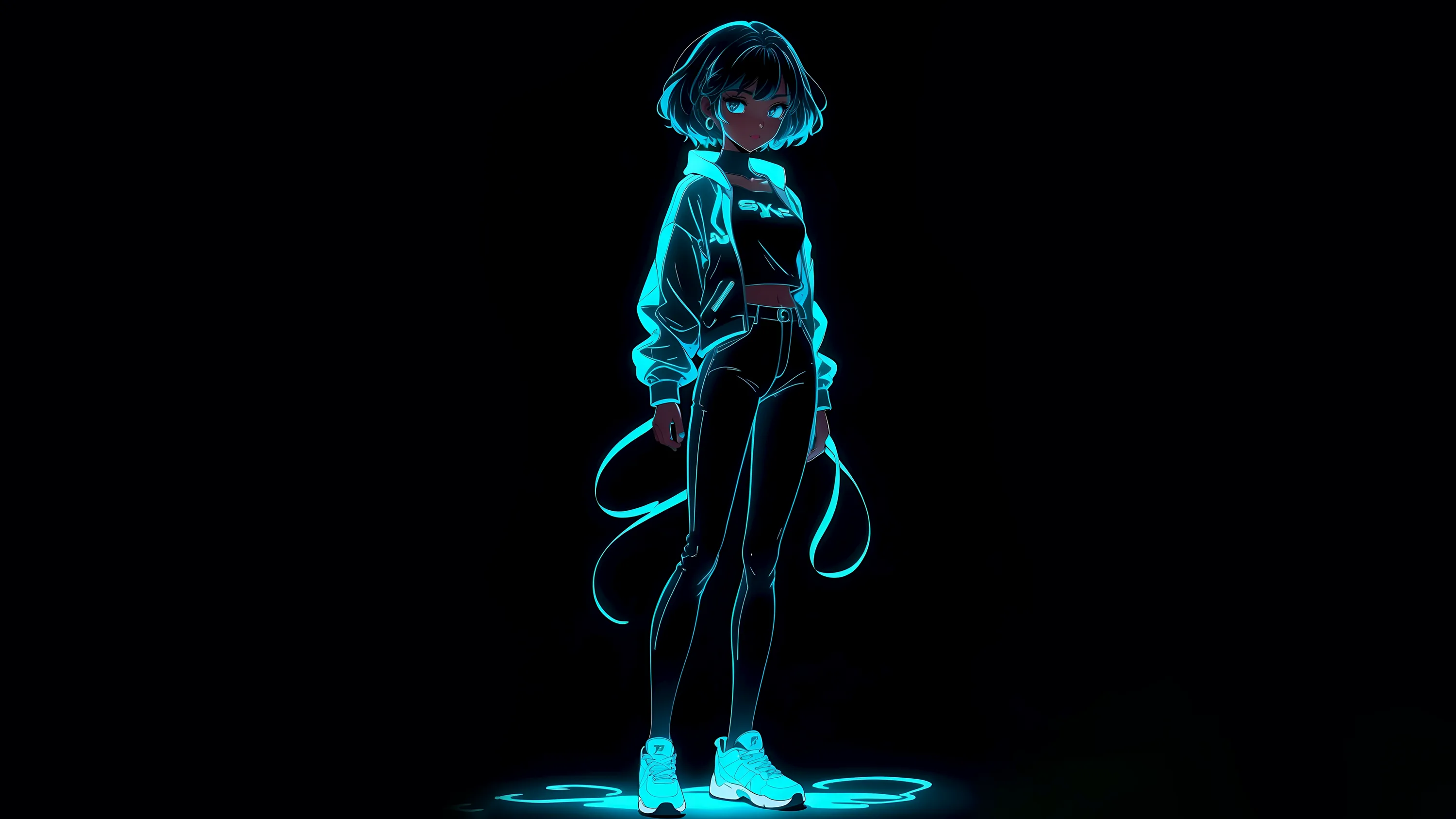 The same slim figure sketched in turquoise light, ribbons trailing from her hands, framed wide with black space on both sides.